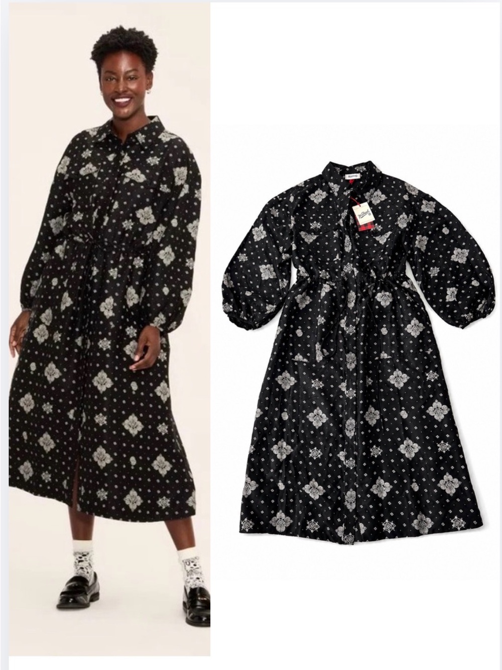 NWT Woolrich Black Floral Midi Dress Button Front Puff Sleeve Boho S Bandana